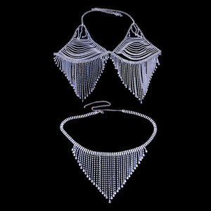 Rhinestone Fringe Bikini Bra Chain Set