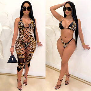 European And American Women's Leopard Print Three-piece Swimsuit