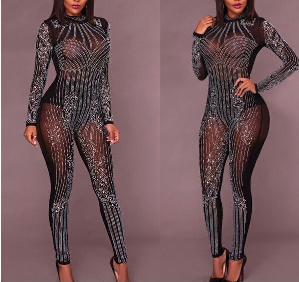 Mesh long sleeve Gemmed jumpsuit