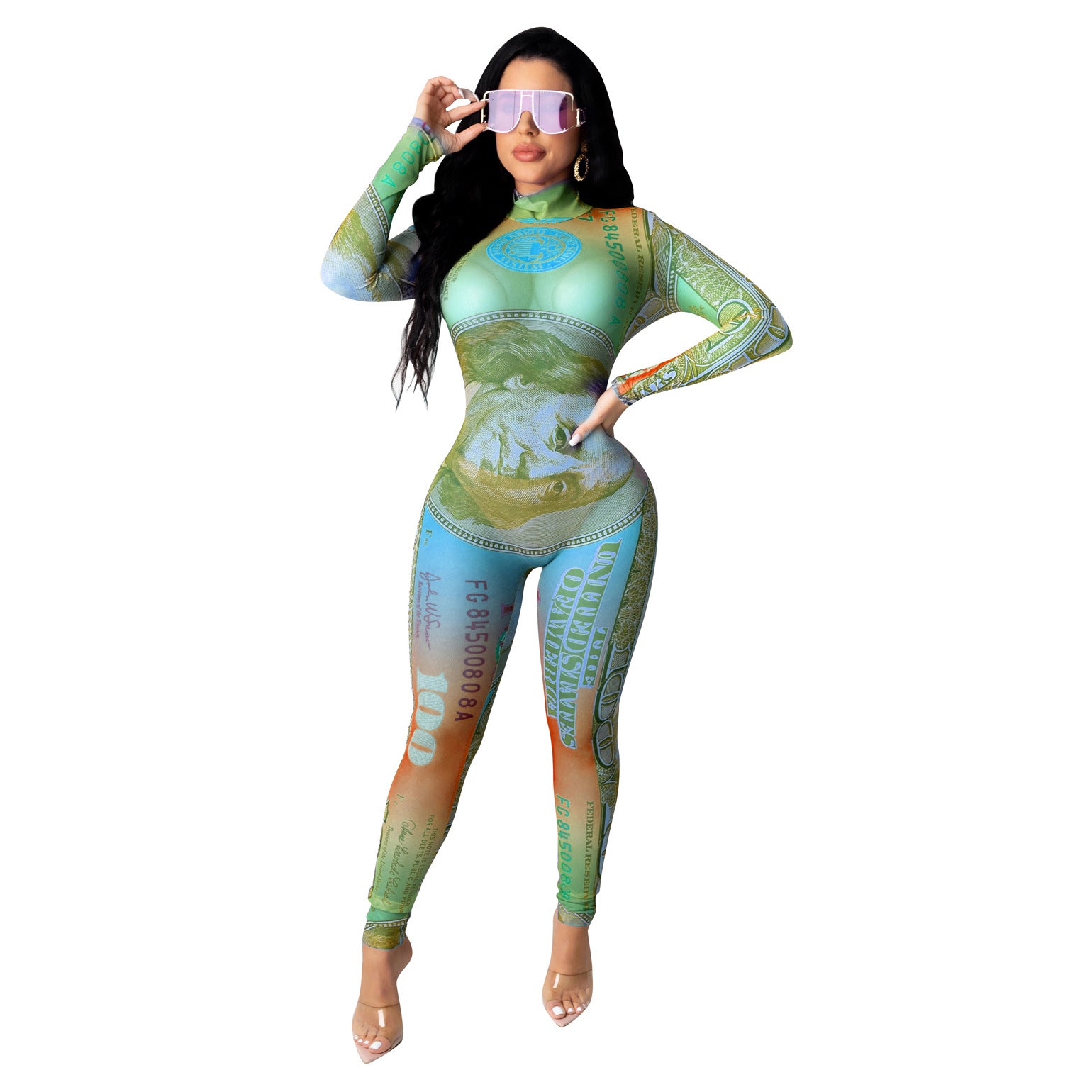 Money Printed Mesh Long Sleeve Jumpsuit