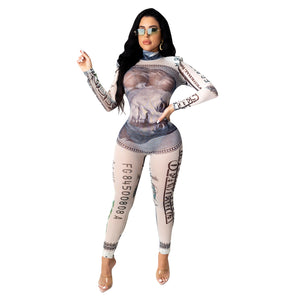 Money Printed Mesh Long Sleeve Jumpsuit