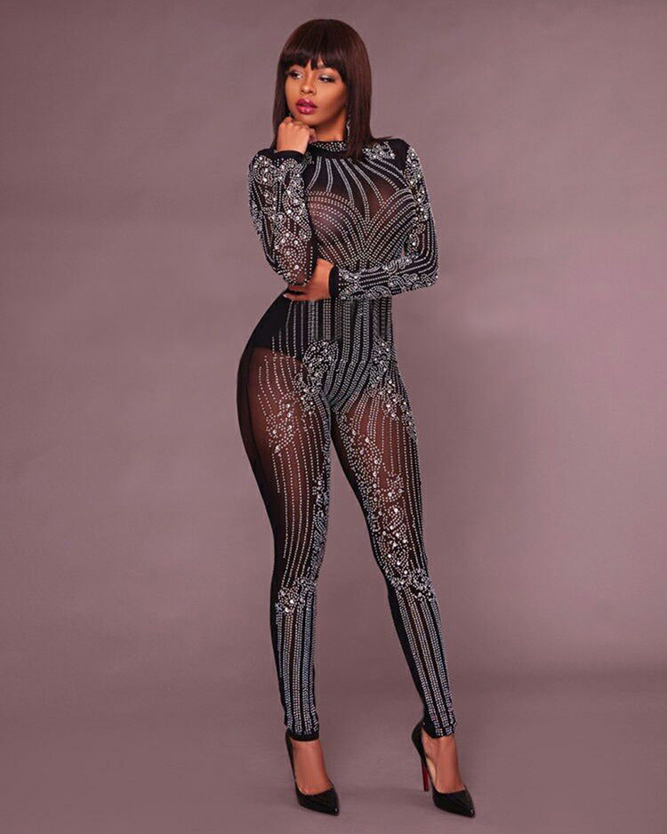 Mesh long sleeve Gemmed jumpsuit