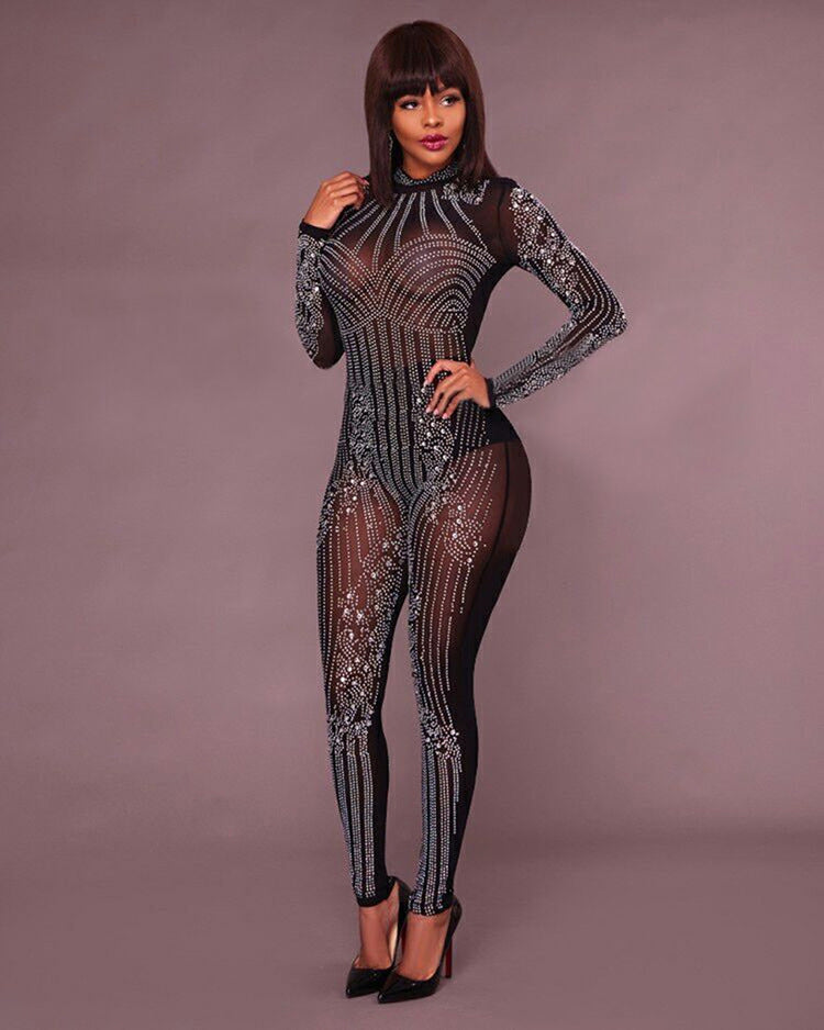 Mesh long sleeve Gemmed jumpsuit